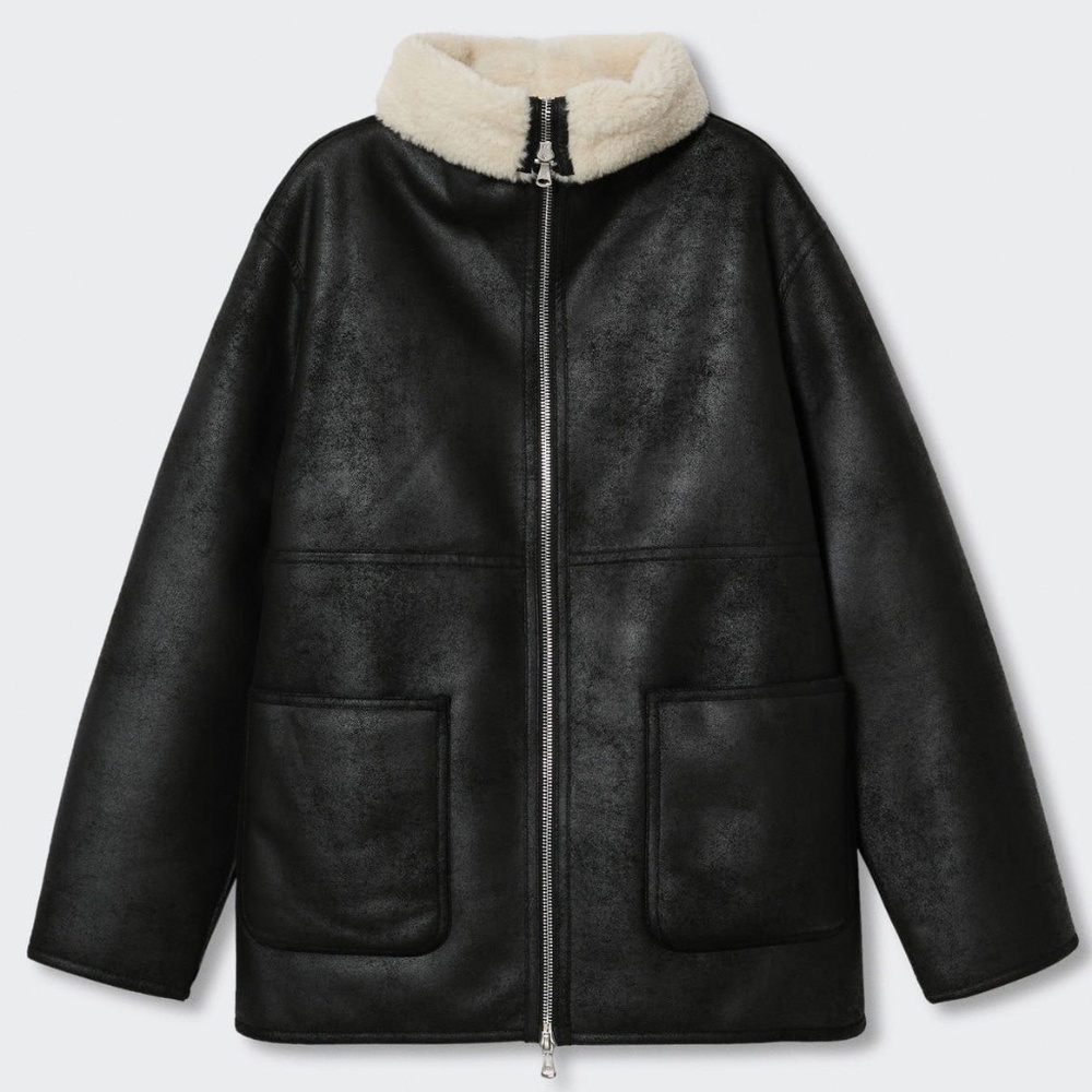 Mango Toteme-Inspired Shearling Lined Faux Leather Double Zipper Jacket Coat
